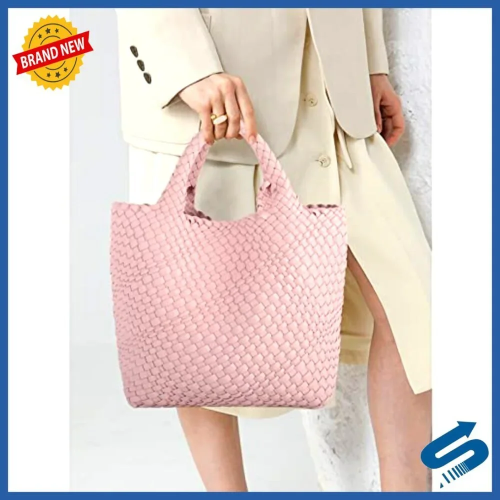 Woven Vegan Leather Tote Handbag Summer Beach Travel Satchel Purse